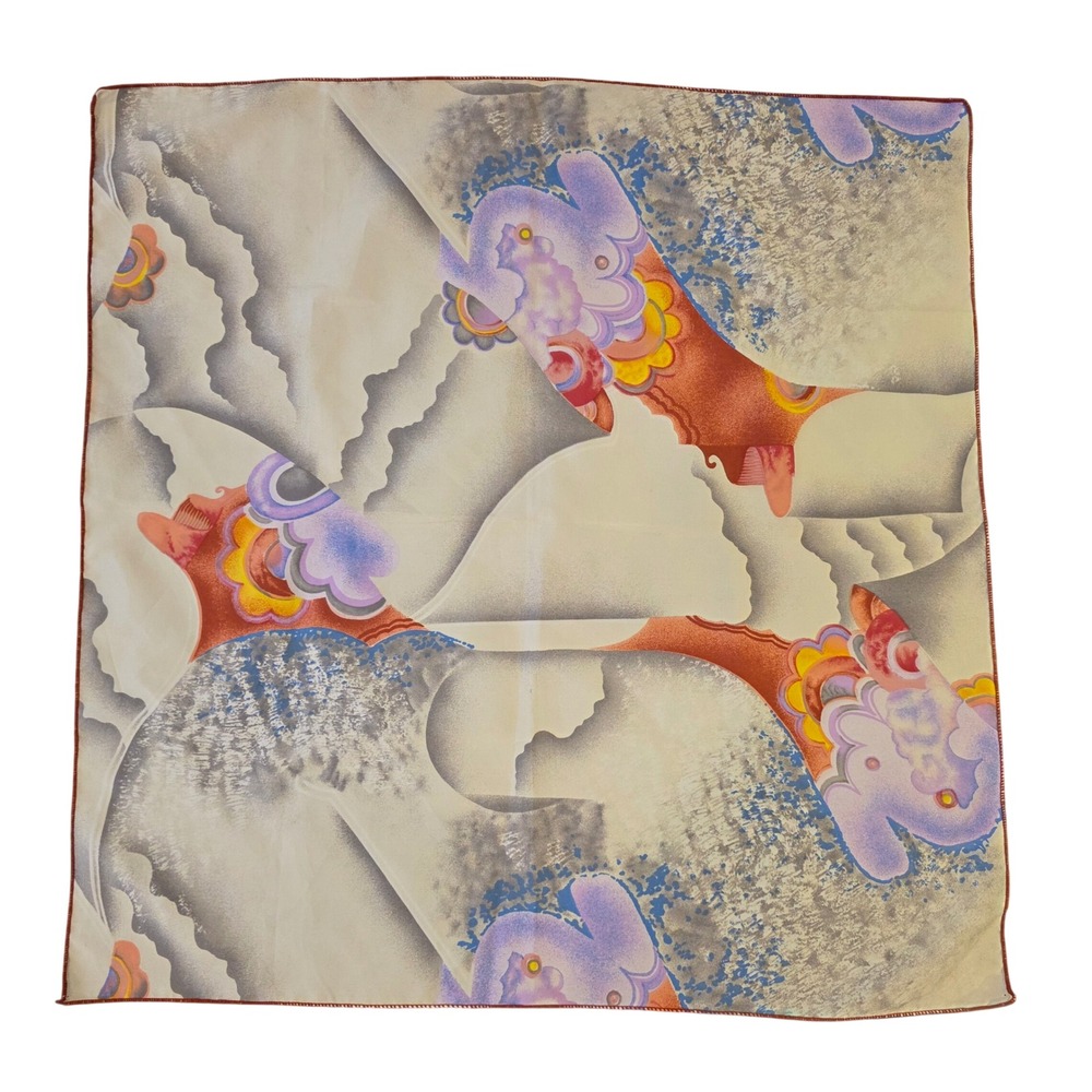 Vintage Abstract Art Deco Print Square Scarf Purple Cream Floral 18x18